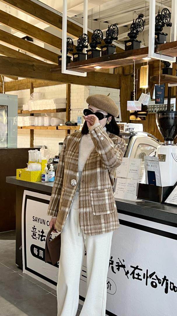 韩系复古格纹毛呢羽绒外套，其它，祖玛