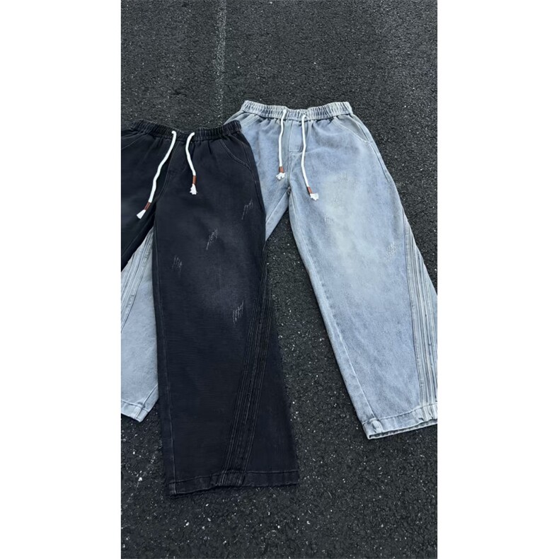 猫爪设计条纹拼接牛仔裤水洗复古做旧直筒裤G1106-特批40-79,男装牛仔裤,星座910