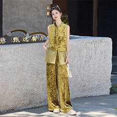 两件套女2025秋季时尚气质无袖单排扣丝绒套装，女装套装/套裙，天丝秀