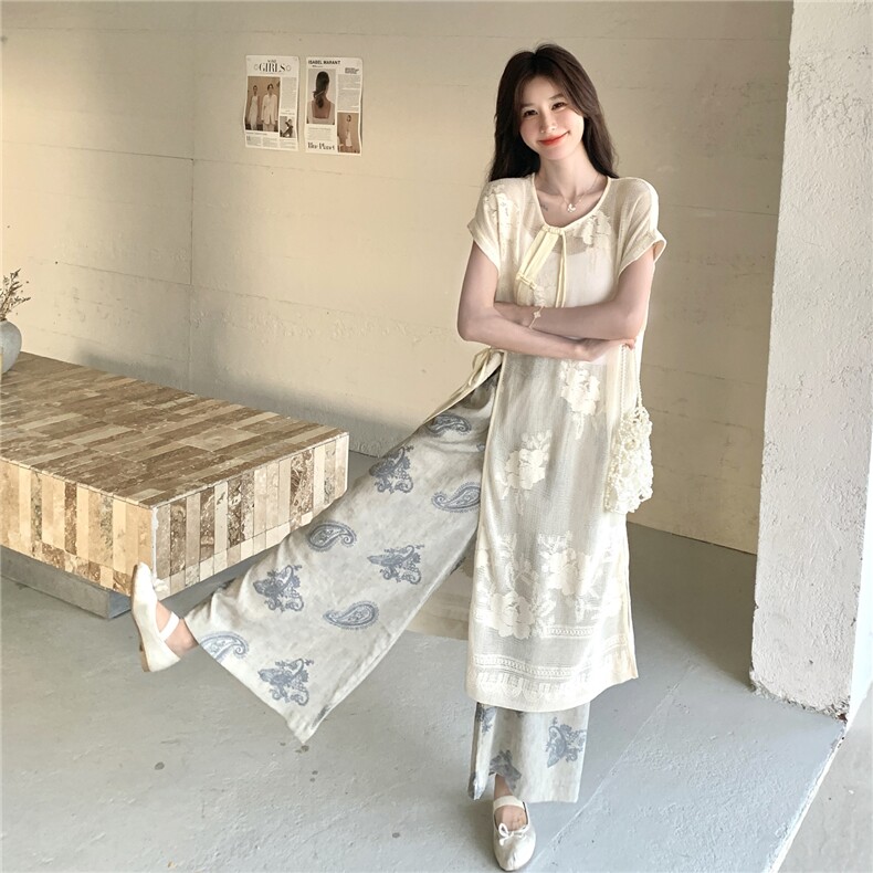 新中式国风碎花罩衫阔腿裤套装女夏2025新款流行显瘦巨好看两件套,女装套装/套裙,2C332