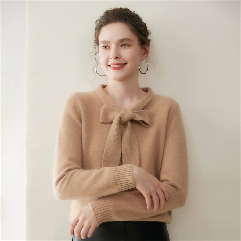 2025年秋季新款七针平面自带飘带领时尚休闲通勤百搭，女装羊绒衫，澳煜绒