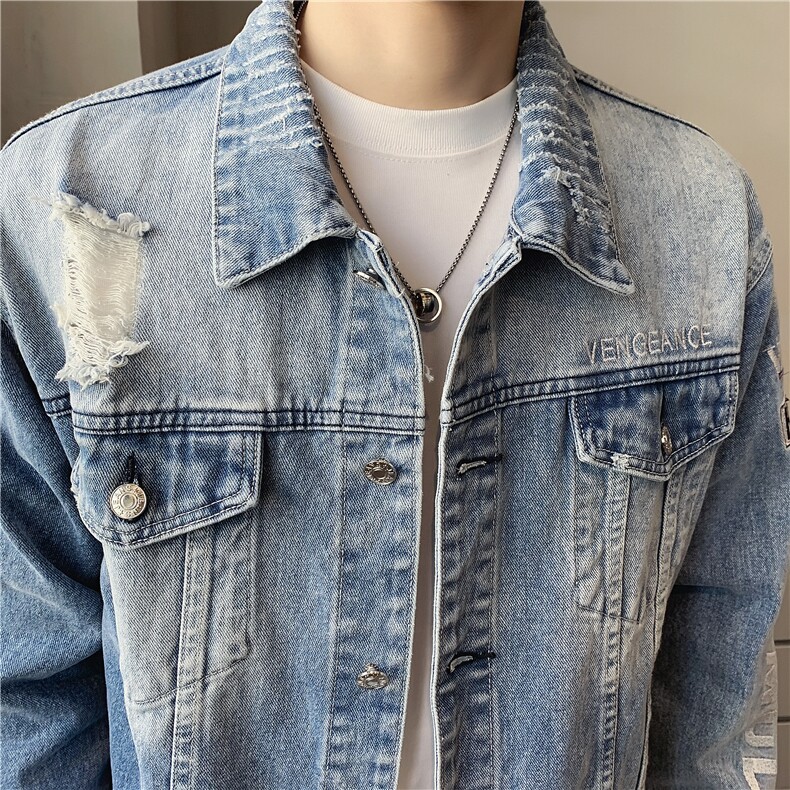 JK818-p90-限价138 现货店主风牛仔夹克肥仔量足破洞印花大码图片
