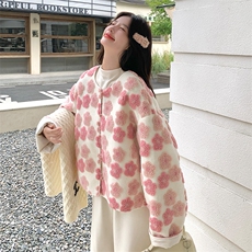 粉色花朵羊羔毛外套女2025冬季新款超好看爆款减龄小个子短款上衣，女装短外套，2C007