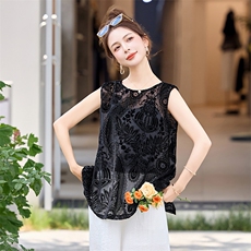 时尚设计感后背开叉套装女2025夏季复古丝绒提花背心阔腿裤两件套，女装T恤，美沁