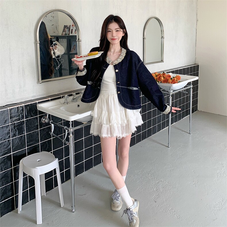 蕾丝拼接小香风牛仔外套女2025春季新款超好看减龄小个子夹克上衣,女装短外套,2C029