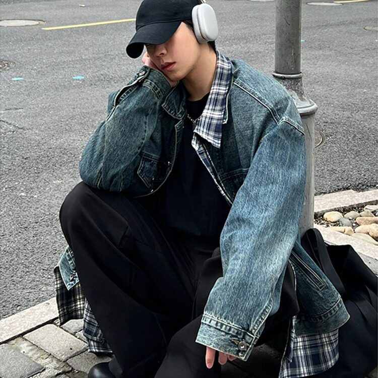 不规则设计感格子拼接牛仔外套男秋季潮牌休闲宽松假两件工装外套,男装工装外套,星座1210-1