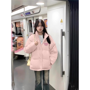 韩系慵懒风嫩粉色棉袄棉服女冬季新款宽松休闲加绒加厚情侣装外套图片