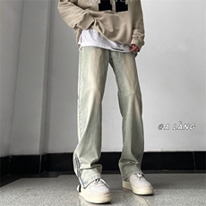 炸街痞帅侧边拉链牛仔裤男复古水洗裤子美式高街潮牌直筒百搭长裤，男装牛仔裤，星座506A