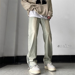 炸街痞帅侧边拉链牛仔裤男复古水洗裤子美式高街潮牌直筒百搭长裤图片