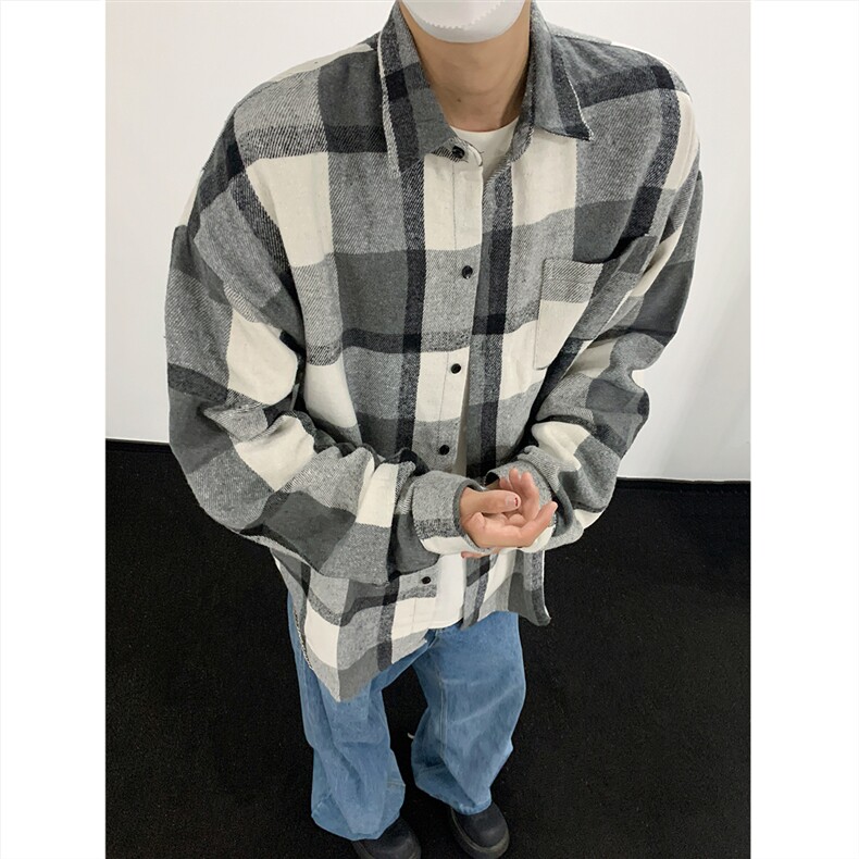 现货~磨毛加厚格子大码长袖衬衫C5892/特P25黑白,男装衬衫,电商A094