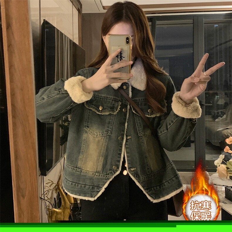 复古水貂毛牛仔外套女秋冬季宽松休闲毛茸茸加绒加厚棉服C638-98,男装工装外套,星座911-2(原星座613-2）