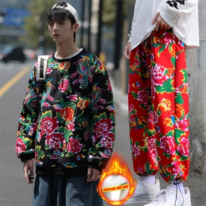 TW02男女休闲东北大花加绒加厚保暖卫衣九分裤套装风团队服潮图片