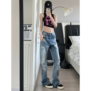 网图有货 夏季美式复古水洗蓝色微喇破洞宽松牛仔裤男女 A645-P45图片