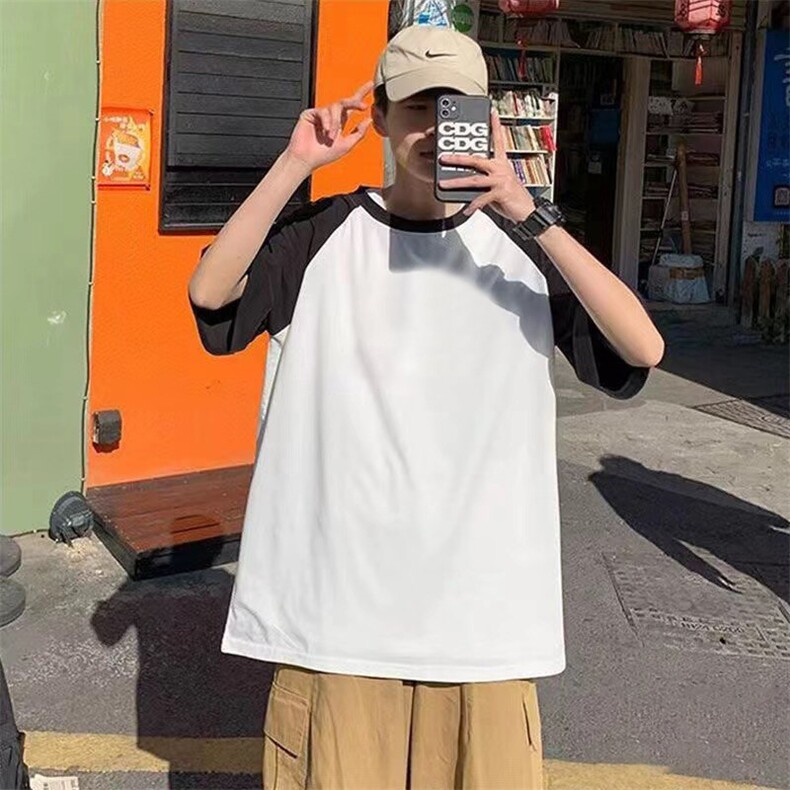 抖音得物高品质二开240克宽松纯棉美式潮牌插肩袖拼接短袖T恤，男装T恤，电商A486-1