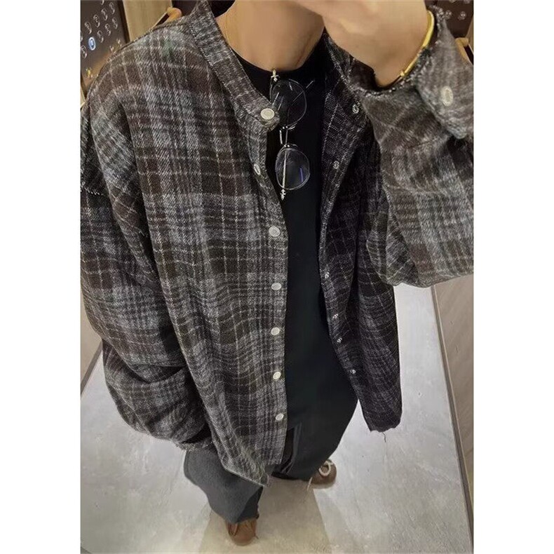 蓝咖色格子衬衫男款秋冬季格纹长袖衬衣叠穿毛呢外套CWS17,男装衬衫,星座1116A（原606A-3）