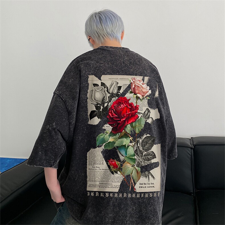 xz605-dsx128-特批30控492026春季新款玫瑰报纸印花水洗短袖T恤,男装T恤,星座605(原A050)