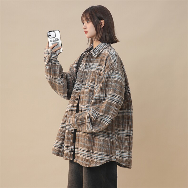 现货韩版潮流复毛呢古格子大码宽松翻领长袖衬衫225-2-CS711-P58,男装衬衫,星座225-2