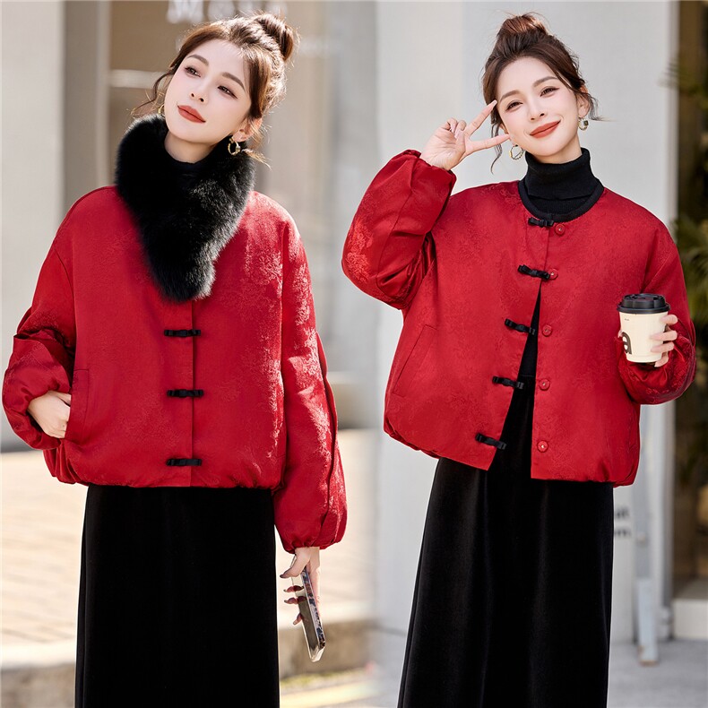 时尚提花新中式真狐狸毛短款羽绒衣女2025年冬季新款外套90白鸭绒，女装羽绒服，润尚靓点