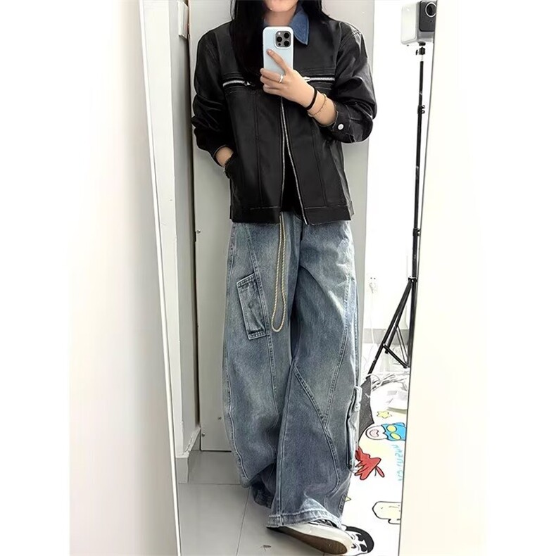 拼接牛仔裤男直筒宽松工装裤子男款新款美式休闲长裤WL5655-P60,男装牛仔裤,星座1008