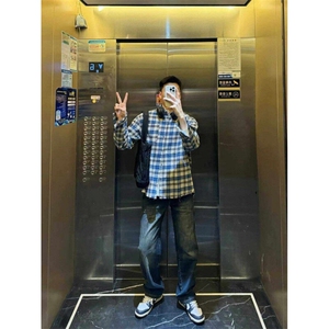 美式格纹长袖衬衫复古个性撞色破坏毛边工艺格子衬衣男女潮图片