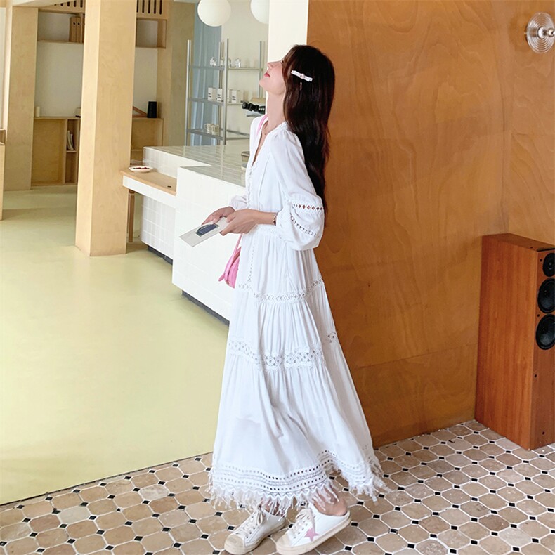 法式复古度假风流苏连衣裙女2025春秋季新款韩版宽松显瘦v领长裙,女装连衣裙,2C239