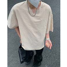 2026夏装V领薄款棉麻五分袖T恤面料:棉T5501/特P20杏色3，男装T恤，电商A094
