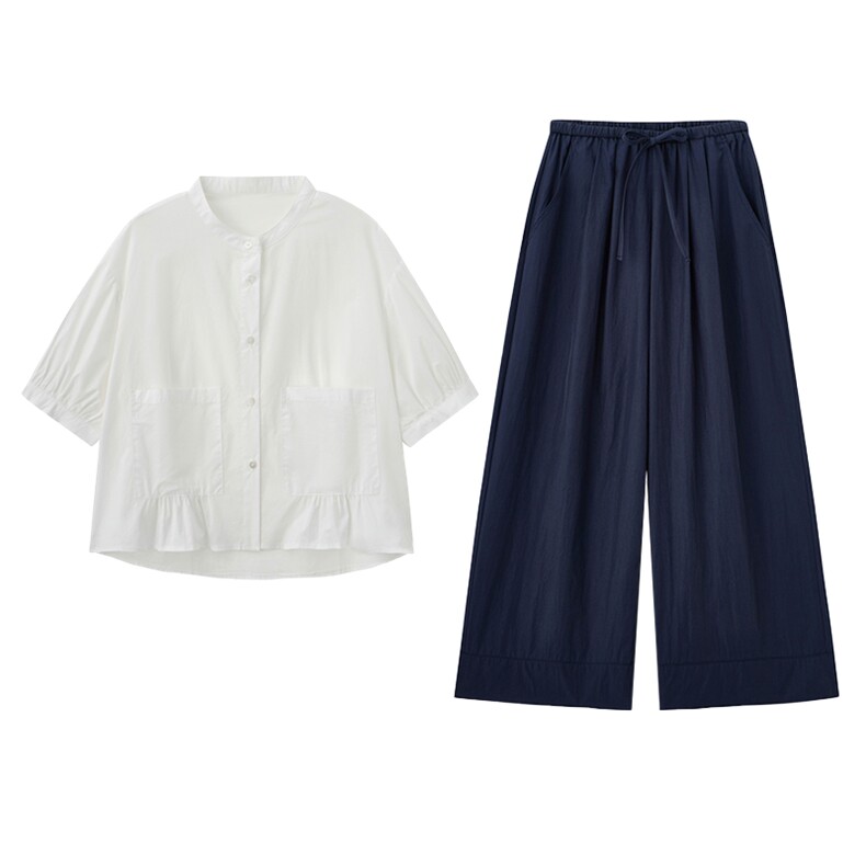 白衬衫+阔腿裤套装女夏季2025新款高级感通勤穿搭休闲气质两件套,女装套装/套裙,梦懿尔