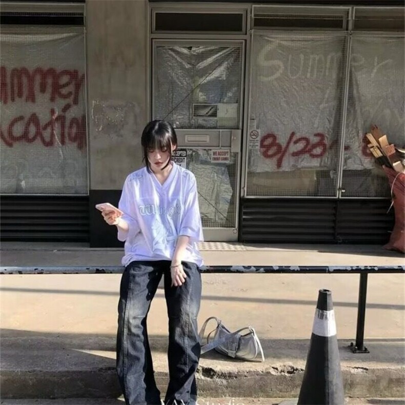 2025新款夏季小众复古V领运动休闲拼接同款男友球衣T恤短袖,男装T恤,星座506A