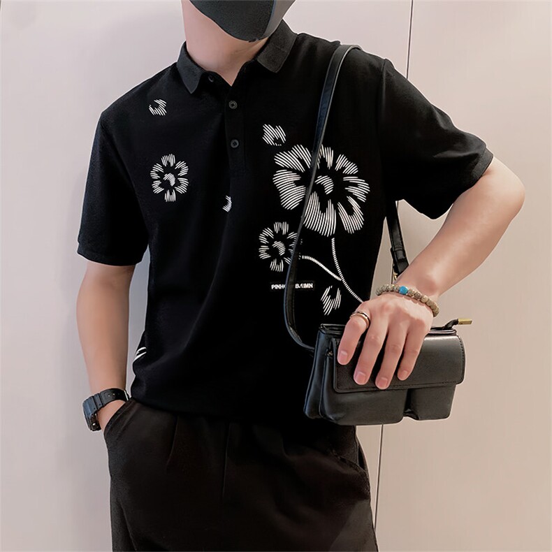 8973/P58控78夏季小伙轻熟风时尚翻领印花短袖男黑首1,男装T恤,星座305B