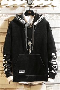 男装新款连帽套头金丝绒卫衣秋冬字母运动衫假两件外套DS249T图片