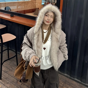 现货高品质美式高街冬季重磅硬挺短款座山雕毛领棉衣男女加厚外套图片