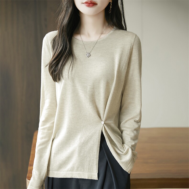 精纺超细羊毛打底衫女宽松开叉侧系扣收腰长袖针织衫别致毛衣小衫，女装羊毛衫，丹芙娇羊绒