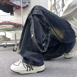 高街拼接阔腿牛仔裤复古水洗绑带设计感直筒宽松工装裤N4100-p55图片