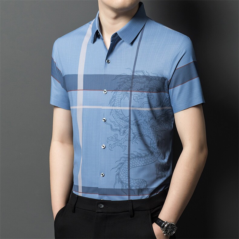 新款男士条格纹短袖衬衫男条纹免烫时尚品质商务宽松潮服上衣,男装衬衫,钱塘6003（原4033）