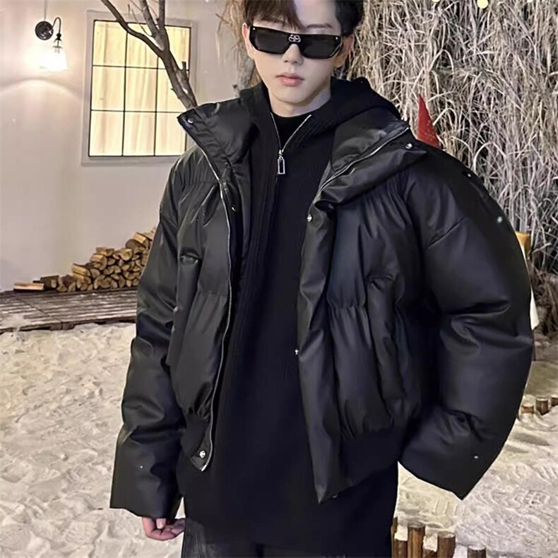 现货冬季三防重磅硬挺boxy短款羽绒刺绣立领PU皮棉衣外套加厚棉服,男装棉衣,电商A486