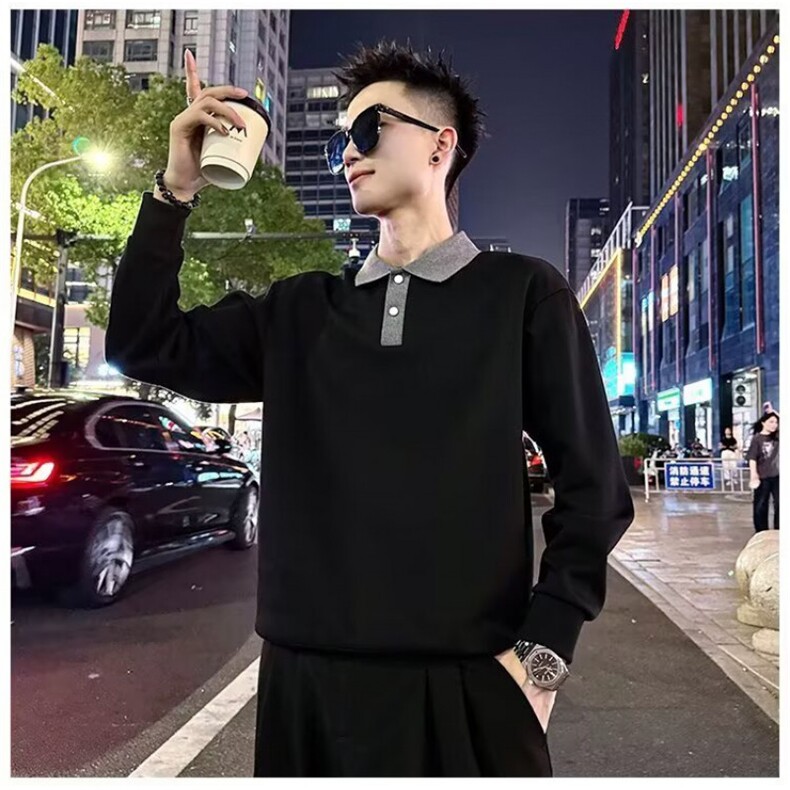 1506/QM320/P46假两件撞色拼接衬衫领长袖T恤男款宽松休闲,男装T恤,星座1506