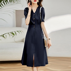 纯棉连衣裙女夏2023新款小个子收腰修身显瘦V领夏季短袖气质裙子，女装连衣裙，姿衣坊