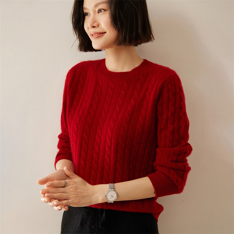 秋冬新款加厚麻花圆领羊绒衫女山羊绒绞花毛衣套头羊毛针织打底衫，女装羊绒衫，绒创羊绒