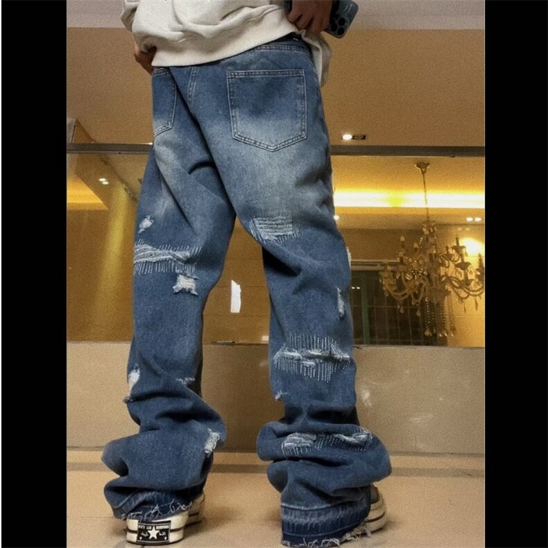 美式街头复古高街vibe风割烂破洞做旧牛仔裤男宽松直筒显瘦长裤子，男装牛仔裤，星座1210-1