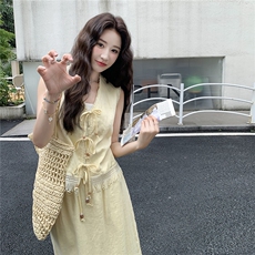 法式流苏黄色背心半身裙套装女夏2025新款两件套减龄搭配绝美俏皮，女装套装/套裙，2C212