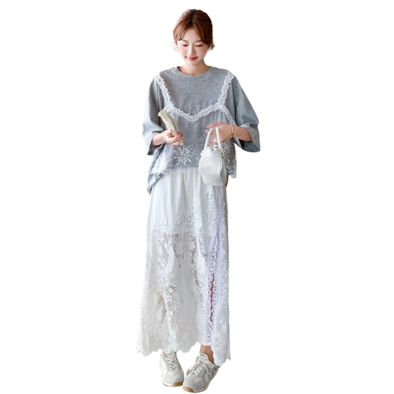 韩版运动休闲显瘦时尚套装女2025年夏季新款蕾丝短袖半身裙两件套,女装套装/套裙,2C275