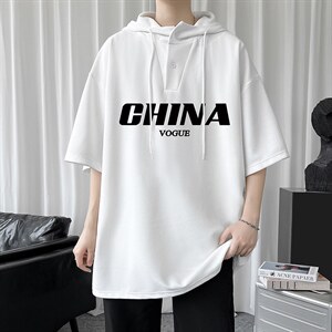 LD54001-P45 连帽短袖t恤男大码胖子带帽五分袖中袖图片