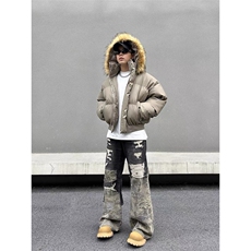 网图秋冬新款休闲百搭连帽毛领PU加厚情侣棉服MY5241TP85，男装棉衣，电商A247