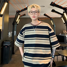 ins夏季拼色条纹短袖t恤男士潮牌潮流美青少年百搭宽松打底衫半袖，男装T恤，星座1013