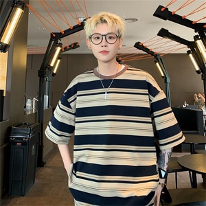 ins夏季拼色条纹短袖t恤男士潮牌潮流美青少年百搭宽松打底衫半袖图片