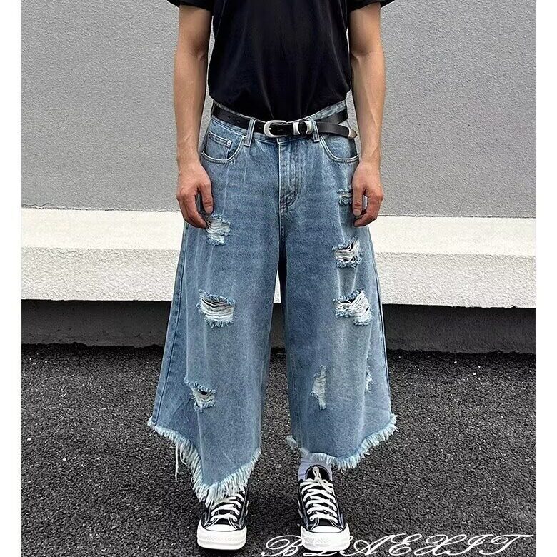 美式复古破洞牛仔七分裤男女流苏夏季2025新款宽松阔腿直筒中裤潮图片