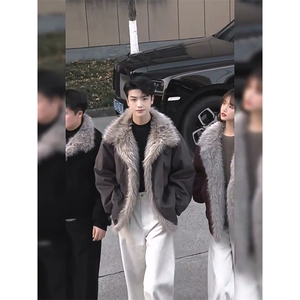 现货重磅硬挺boxy羽绒棉衣座山雕大毛毛领洗水麂皮棉服冬外套图片