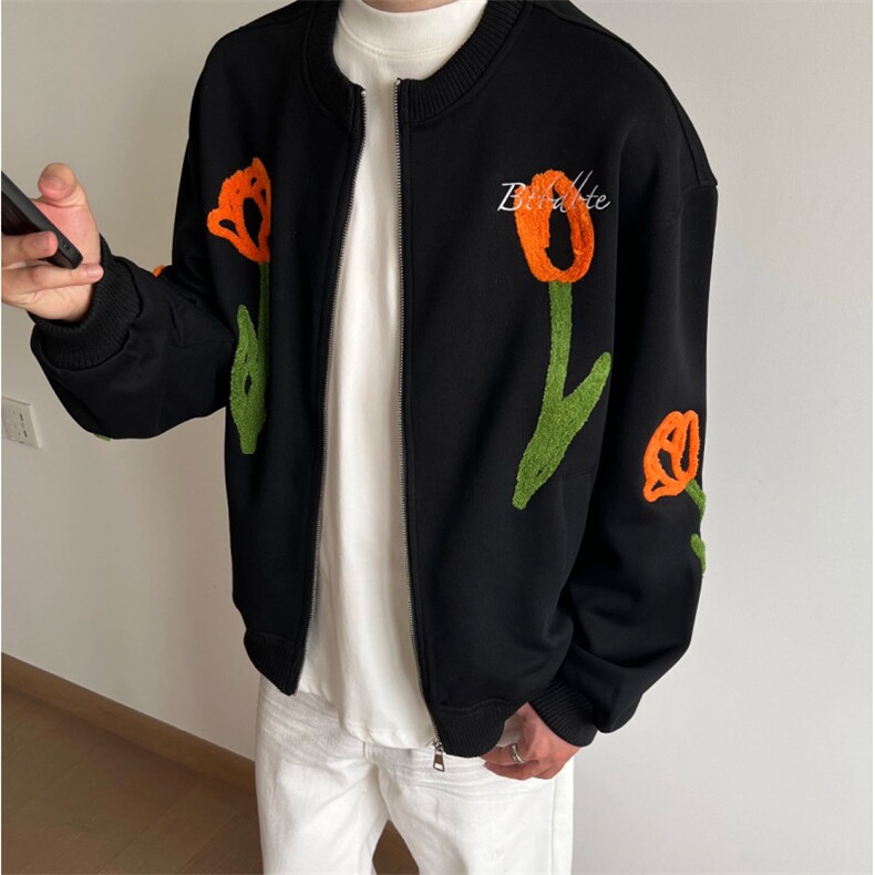 美式复古花卉毛巾刺绣棒球服外套女秋季宽松休闲立领夹克男Y1021图片