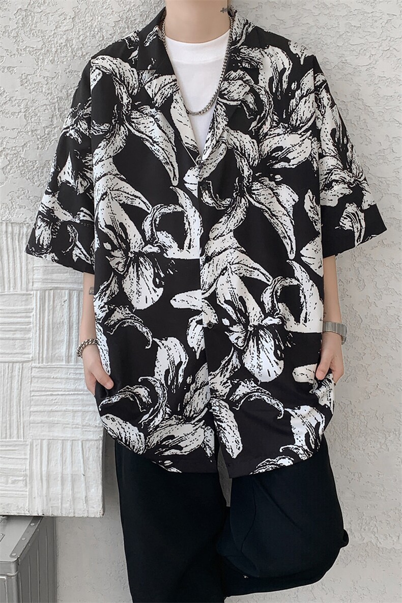 8XL-M冰丝凉感衬衣垂感透气复古花纹宽松男五分袖短袖衬衫CS526,男装T恤,电商D206-1