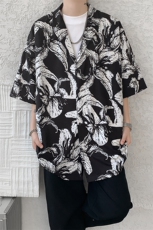 8XL-M冰丝凉感衬衣垂感透气复古花纹宽松男五分袖短袖衬衫CS526，男装T恤，电商D206-1